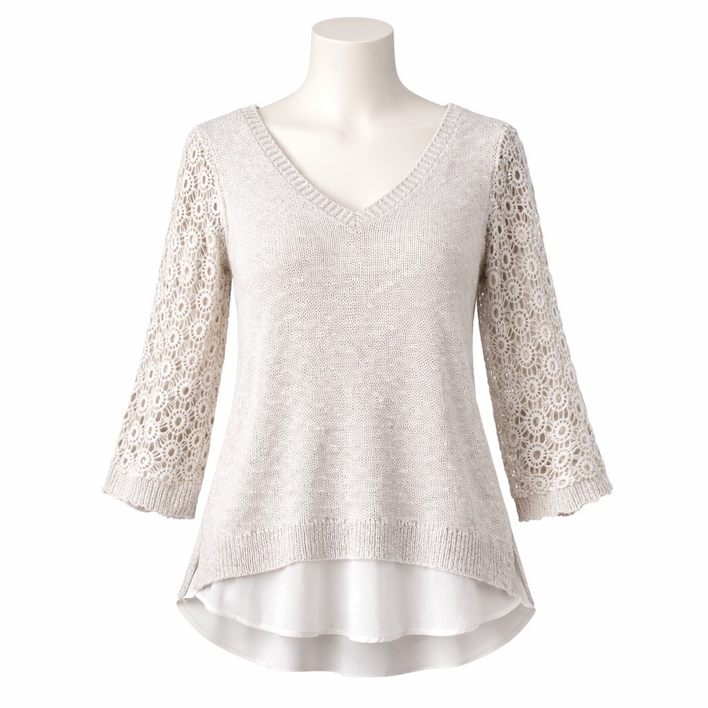 Lucky Brand Sweater Womens Medium Cream Crochet Sleeve Layered Open Back Top